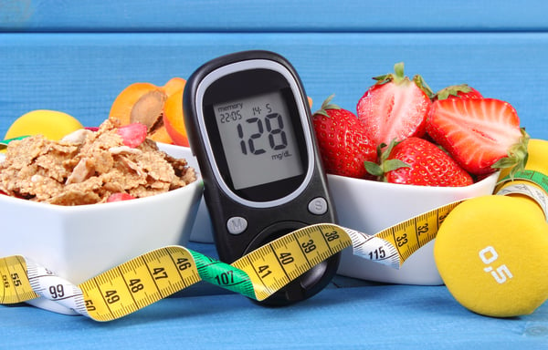 Diabetes Monitor with Fruit and Cereal and Tape Measure